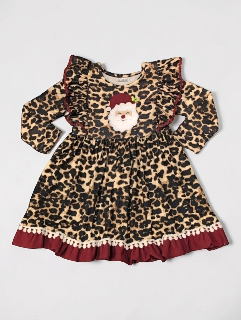 Girls' Holiday Leopard Print Christmas Santa Dress Ruffle Detail XL